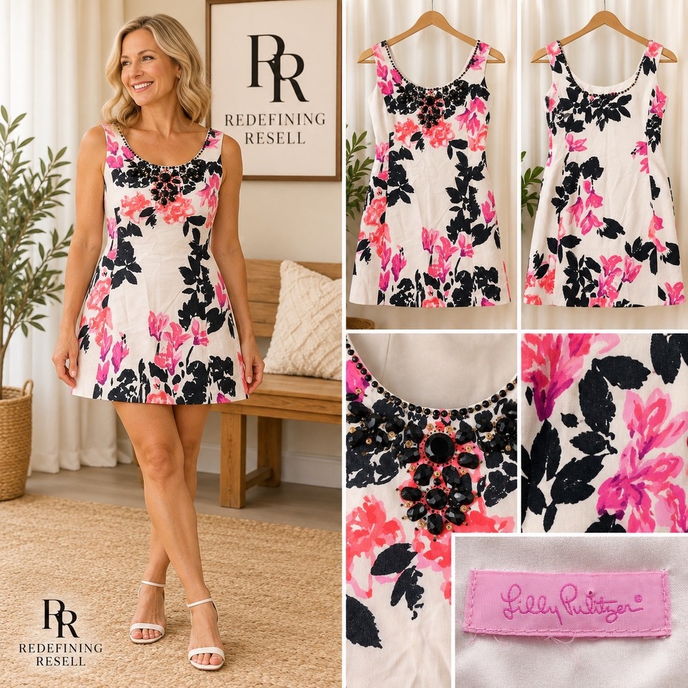 Lilly Pulitzer Floral Beaded Scoop Neck Sleeveless Shift Mini Dress Pink Black